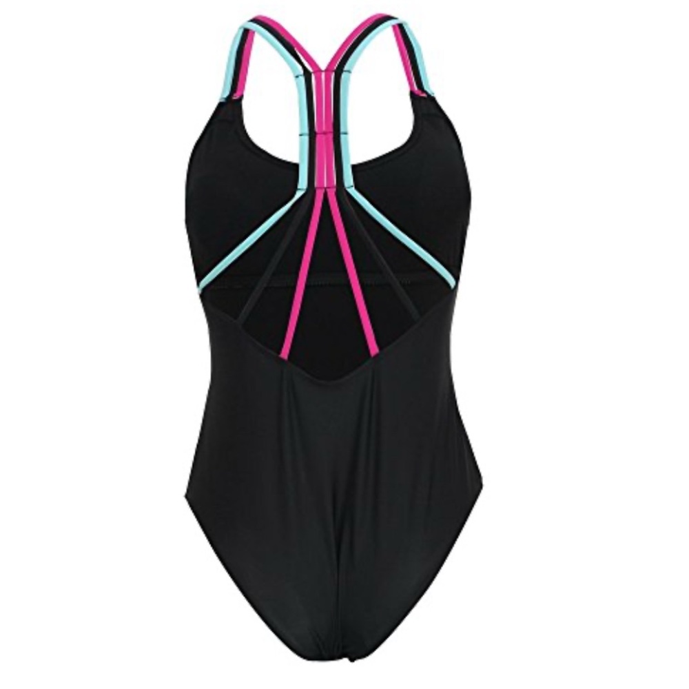 Women's Black Swimsuit with Pink and Blue Straps